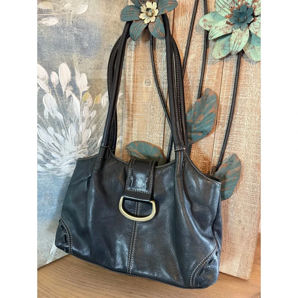 Bass Cedarbuck (GH Bass) Black Leather Shoulder Tote Handbag Double Strap Purse